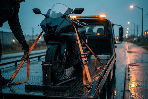 Motortransport: sportmotor veilig vastgesjord op de oprijwagen