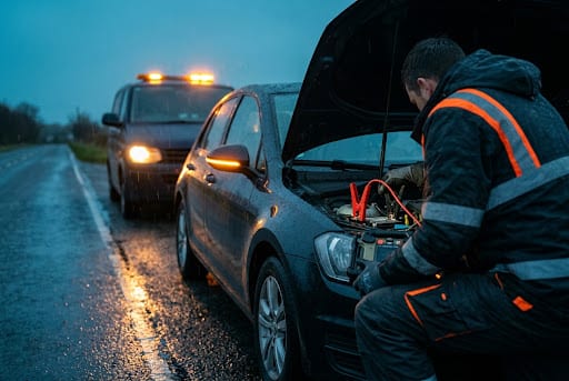 Monteur van YSB geeft starthulp aan een auto met een lege accu langs de weg