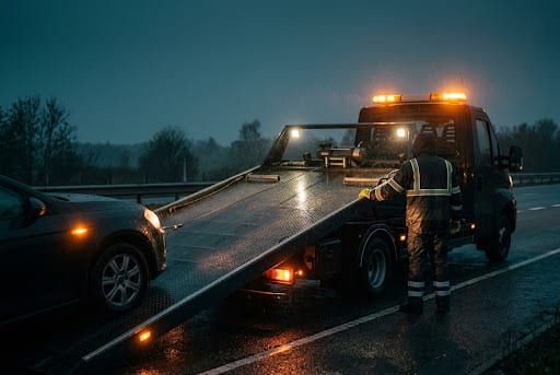 Pechtransport: de oprijplaat van de YSB-bergingswagen zakt naar een auto met pech