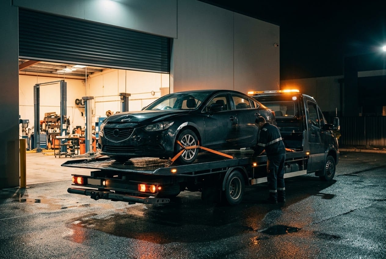 Schadevervoer: beschadigde auto vastgezet op de oprijwagen bij een garage